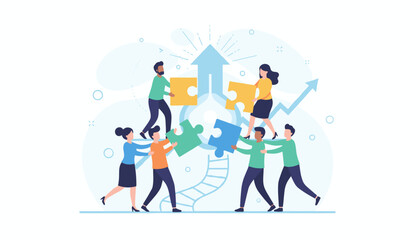 Fototapeta premium Business concept metaphor of teamwork and collaboration, diverse group of people connecting puzzle pieces to build a successful strategy, symbolizing growth and achievement with an upward arrow graph.