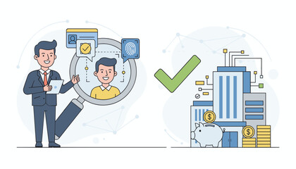 Business concept of verifying client identity for KYC (Know Your Customer) compliance, with a magnifying glass examining a person's profile and fingerprint, and a piggy bank and coins next to a