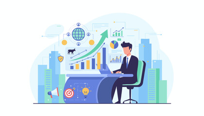 Modern digital marketing business finance and investment concept with a businessman working on a laptop surrounded by growth charts, global network, bull market symbol, target, and lightbulb idea