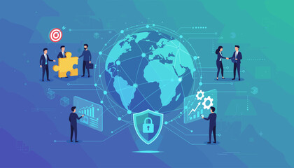 Global digital technology business and economic growth concept, with diverse professionals collaborating on strategy, data analysis, and secure transactions, symbolizing international cooperation and