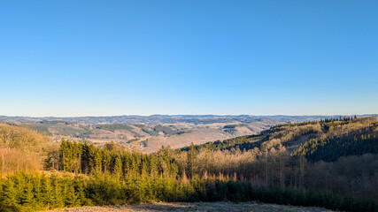 Wide panoramic view of forested hills and clear blue sky