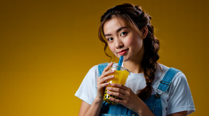 A young woman with a braid in her hair is holding a yellow drink with a blue straw