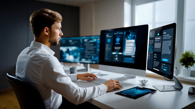 A man in a white shirt is sitting at a desk with multiple computer monitors displaying various screens
