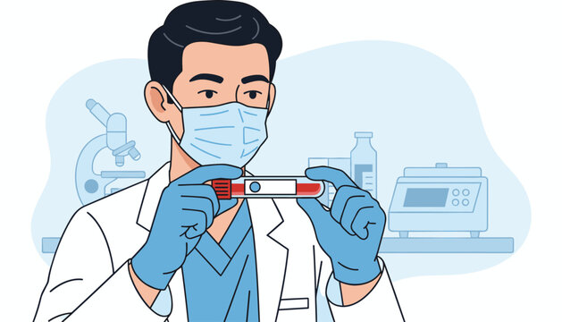 A scientist wearing a mask and gloves holds a blood sample tube, with a microscope and laboratory equipment in the background, symbolizing medical research and the fight against diseases like