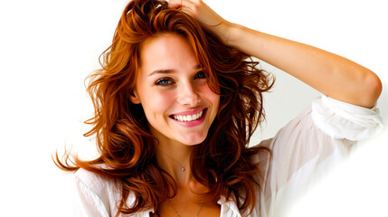 Fototapeta premium A smiling woman with red hair wearing a white blouse looking up and touching her hair