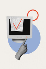 Banner 3d image artwork pop trend collage of human hand point pc monitor checkmark approval symbol agree employment freelance
