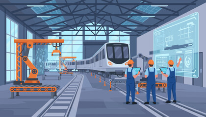 Modern industrial transportation engineers using advanced technology and holographic displays for train manufacturing and assembly in a high-tech factory, showcasing innovation and future engineering