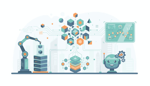 Vibrant illustration of modern technology and machine learning, featuring a robotic arm assembling data cubes, a complex network of geometric shapes representing AI algorithms, and a friendly robot