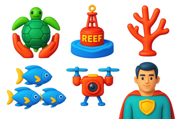 Fototapeta premium Marine Conservation Icons. 3D icon set of marine conservation: turtle rescue, reef protection buoy, coral branch, fish school,