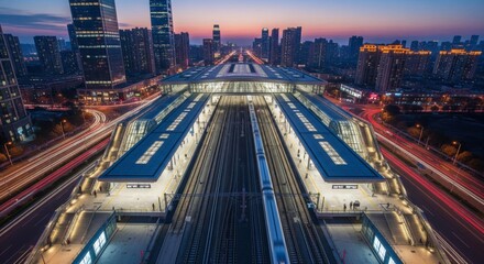 Obraz premium Aerial view of a modern train station at dusk, with illuminated platforms, tracks, and a cityscape skyline in the background.