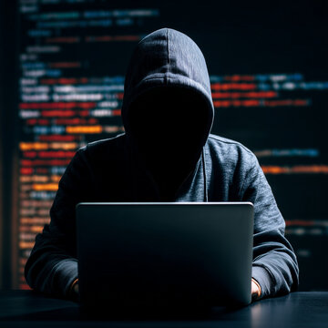 Mysterious hooded figure coding on a laptop in a dark room, symbolizing cybersecurity threats, hacking, and data breaches in the digital world.