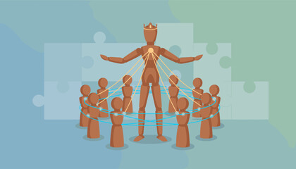 Conceptual illustration of a central wooden mannequin figure wearing a crown, symbolizing leadership or a key player, connected by glowing lines to a circle of smaller wooden figures representing a