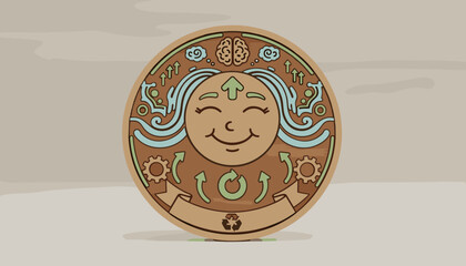 Circular wooden emblem featuring a stylized, happy, smiling face with flowing hair, representing relaxation and positive thinking, surrounded by gears, arrows, clouds, and a recycling symbol