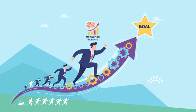 Vibrant vector illustration depicting a determined businessman leading a team up a rising arrow graph towards a golden star labeled 'GOAL', symbolizing motivation, growth, and achievement in business