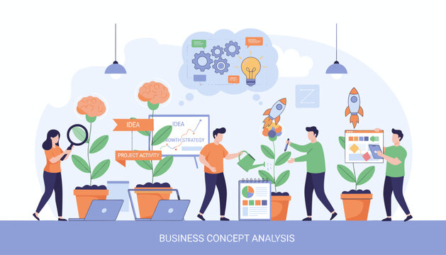 Vibrant vector illustration depicting a business concept analysis, with diverse people nurturing potted plants symbolizing growth, ideas, and project activities, featuring elements like brains