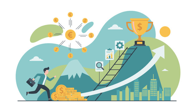 Vibrant vector illustration depicting the relentless pursuit of financial success and career advancement, featuring a businessman running towards a golden trophy atop a mountain, symbolizing