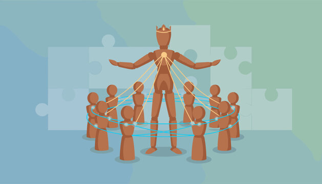 Conceptual illustration of a central wooden mannequin figure wearing a crown, symbolizing leadership or a key player, connected by glowing lines to a circle of smaller wooden figures representing a - Powered by Adobe
