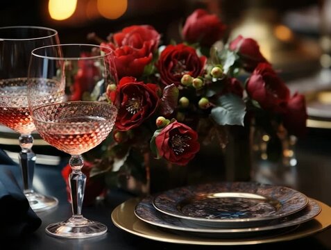 Enjoying a romantic dinner with rose-colored drinks and elegant floral decor at a cozy restaurant setting in the evening