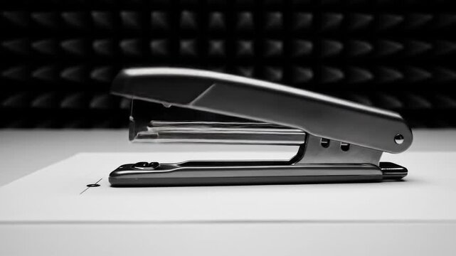 Sleek, metallic stapler poised over paper on a textured, dark background