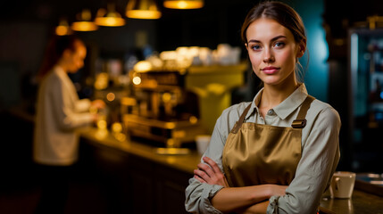 A woman in a gold apron stands in a dimly lit bar looking at the camera