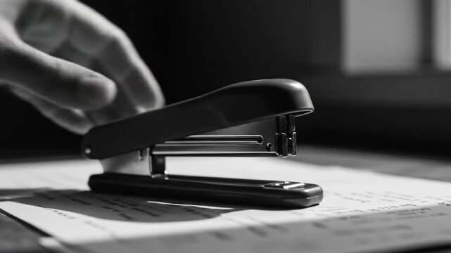Hand holding a stapler poised over papers