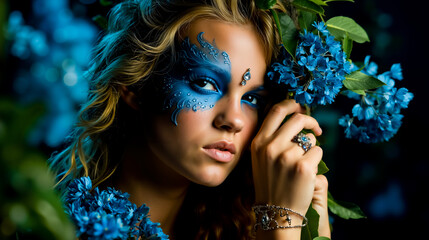 A woman with blue makeup and jewelry holding blue flowers looking away from the camera