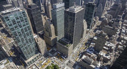 High-angle aerial view of a dense urban landscape featuring skyscrapers and city streets in a bustling metropolitan area.