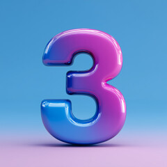 Fototapeta premium Metallic number three in gradient blue and purple colors on blue background.