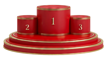 Luxury red and gold winner podium with three levels isolated on a transparent white background, clipping path