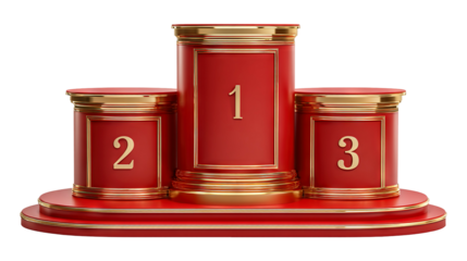 Luxury red and gold winner podium with three levels isolated on a transparent white background, clipping path