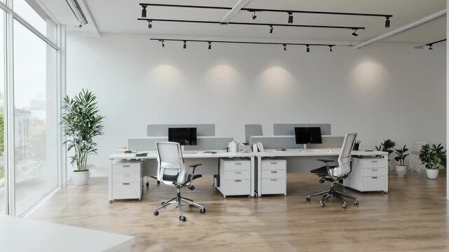 Modern Office Space with Rows of Desks and Computers, Illuminated by Natural Light and Overhead Lighting