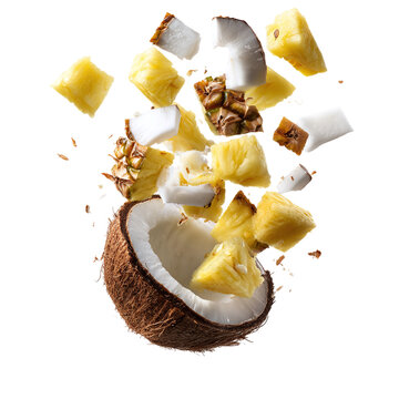 Falling coconut and pineapple chunks, isolated on transparent background
