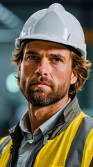 A man wearing a white hard hat and a yellow safety vest