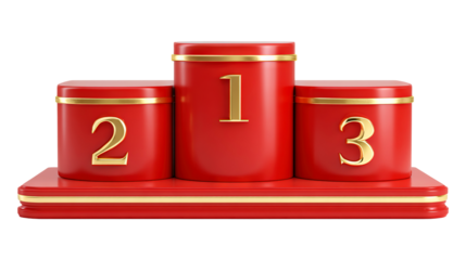Luxury red and gold winner podium with three levels isolated on a transparent white background, clipping path