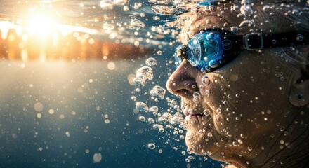 Elderly swimmer enjoying underwater experience at sunset, highlighting the beauty and tranquility of aquatic activities