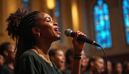 Woman sings song at choir performance in hall. Singer with microphone performs on stage. Artist expresses emotion. Spiritual musical concert, unity, harmony in worship event. People celebrate music