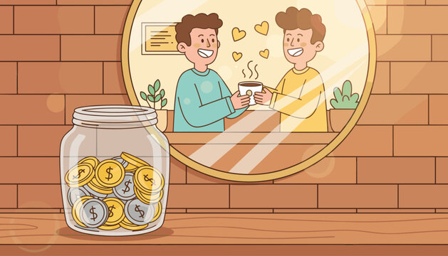 A charming illustration of a glass jar filled with golden and silver coins, symbolizing savings and financial growth, placed on a wooden surface in front of a brick wall. The jar is positioned to the