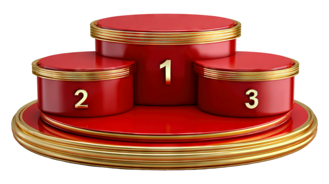 Luxury red and gold winner podium with three levels isolated on a transparent white background, clipping path