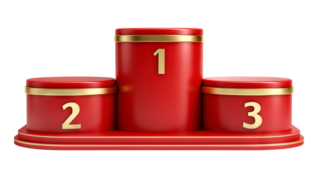 Luxury red and gold winner podium with three levels isolated on a transparent white background, clipping path
