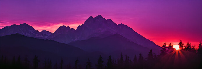 Dramatic dark purple mountain silhouette at sunset with magenta sky