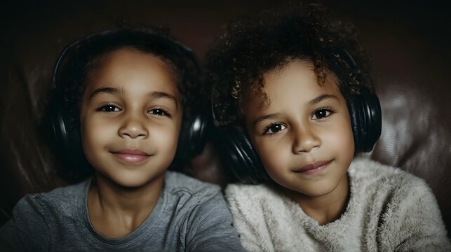 Two young siblings wearing headphones smiling together on a couch sharing an intimate moment - Powered by Adobe