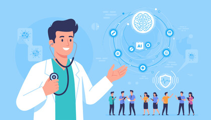 A smiling doctor with a stethoscope in hand, surrounded by icons representing AI, medical research, and viruses, with a group of people in the background, symbolizing modern healthcare and technology