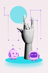 Image poster pop banner collage of wooden hand show rock roll gesture chatterbox notification robot artificial intelligence app