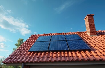 Solar panels on house roof. Renewable energy system. Eco friendly home. Roof with solar photovoltaic panels. Sustainable living. Green energy solution. House with solar panels. Blue sky background.