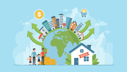 Conceptual illustration of a thriving global real estate business, featuring a family celebrating a new home with a 'Sold' sign, surrounded by coins, cityscapes, and upward trending arrows