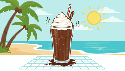 Refreshing cold chocolate beverage with whipped cream and wafer stick, served on a beach with palm trees and a bright sun, perfect for summer vacation and tropical relaxation.