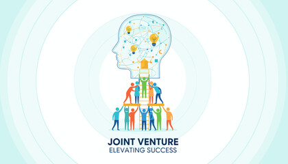 Vivid illustration of a diverse team of people collaborating to build a ladder, symbolizing joint venture and teamwork, leading to a stylized human head filled with ideas and lightbulbs, representing
