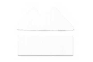 Ripped white paper mountain shapes and rectangular note element with uneven edges, transparent background