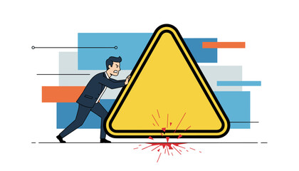 Determined businessman in a suit pushing a large yellow triangular warning sign, symbolizing overcoming challenges, facing risks, or delivering an important message with urgency and effort, against a
