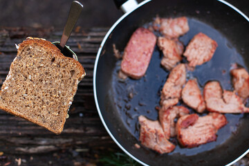 Piece of Bread in Front of Grilling Pan